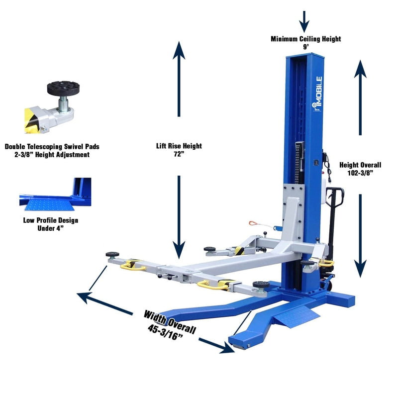 iDEAL MSC-6KLP 6,000 lb Mobile Single Column Lift - Low Profile MSC-6KLP