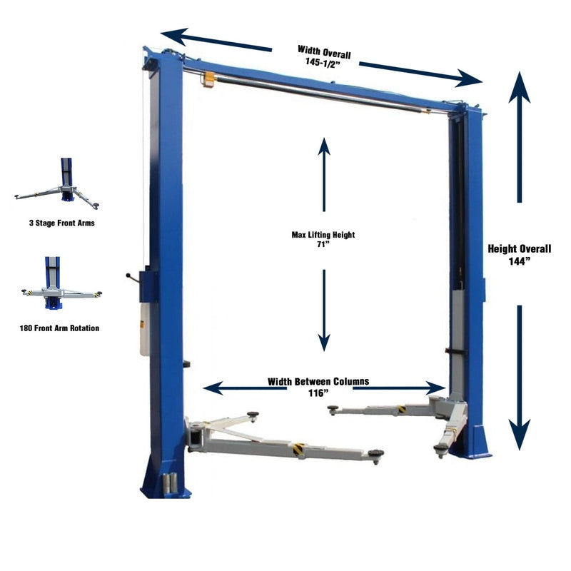 iDEAL TP10KAC-DX 10,000 lb Two Post Clear Floor --Direct Drive - Bi-Symmetric - 3 Stage - Single Point ALI Certified W/PU TP10KAC-DX